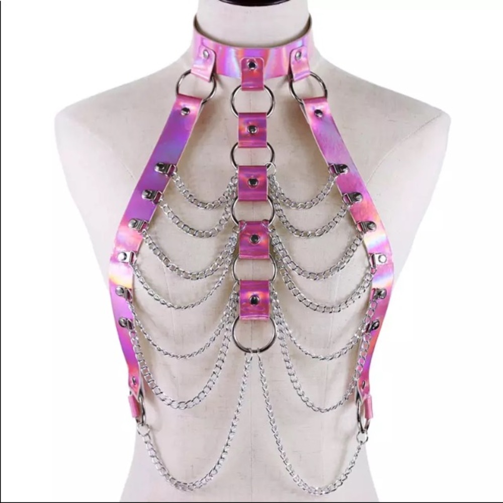 😻Halter Color Body Harness Chain Holographic Belt - Picture 3 of 11
